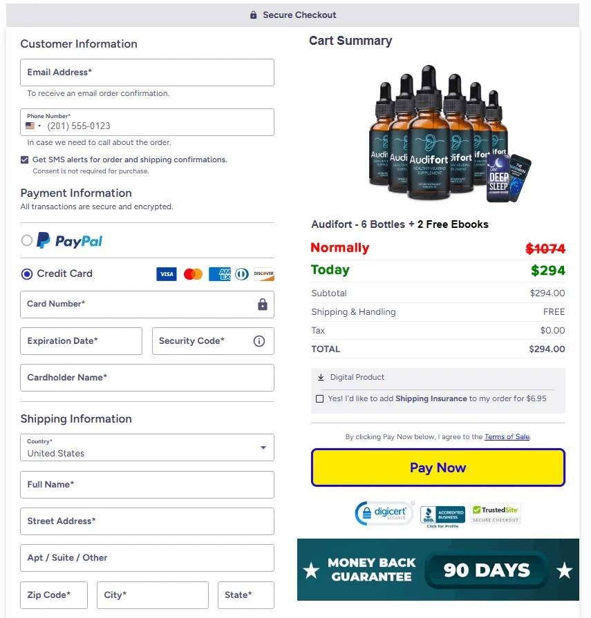 Audifort secure payment options shown during checkout to protect customer information